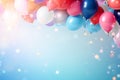 Multicolored balloons with helium on blue abstract background. Concept of happy birthday, new year, party, valentine\'s Royalty Free Stock Photo
