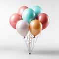 Multicolored balloons with helium on a white background. Square holiday background. AI generative