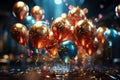 Multicolored balloons and ribbons. Festive background. AI generative