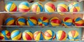Multicolored basketball balls located in row indoor of sport school gym Royalty Free Stock Photo