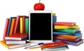 Multicolored books, tablet, pencil, school supplies, apple. Education concept, back to school. 3d