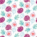 Multicolored botanical pattern with whole and cut figs and fig leaves on a white background.