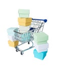 Multicolored boxes in a shopping cart