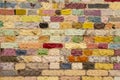 Multicolored brick wall. Texture of vivid wall of bricks. Close up. Concept of background for your text. Royalty Free Stock Photo
