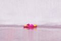Multicolored bright beach plastic slippers stand near the water streams of the city fountain. Splashes of falling water on the str Royalty Free Stock Photo