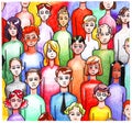 Multicolored bright colorful drawing hand-drawn crowd of a crowd of various people men and women of different nationalities and