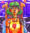 A multicolored bright sketch with a girl with green hair, makeup and tattoo, with wings on the background of a blue starry night