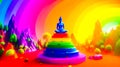 Multicolored buddha statue sitting on top of rainbow colored cake. Generative AI Royalty Free Stock Photo
