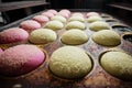 Multicolored buns for burgers on a baking tray Royalty Free Stock Photo