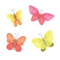 Multicolored butterflies set watercolor illustration violet, pink, blue, red, yellow, simple hand drawn colorful clipart for cards