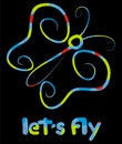 Multicolored butterfly on black background with the words let`s fly Royalty Free Stock Photo