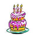 A cake with candles painted on a white background