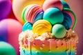 Multicolored cake with lots of balloons in the background Generative AI