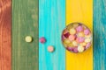 Multicolored candies in metal box