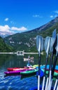 Canoes fand oars fullcolors on the lake in the summer