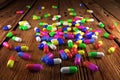 Multicolored capsules of medical preparations close-up. 3D rendering