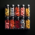 Multicolored capsules and pills, drugs in the glass jars with grey lids on a flat background. Pastel colors of pills in the bottle Royalty Free Stock Photo