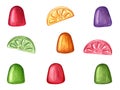 Multicolored caramel in the form of fruit slices, jelly. Bonbons, candy, lollipops, sugar, sweet, drop. Watercolor illustration