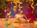 Multicolored carnival still life with mask, serpentine and confetti Royalty Free Stock Photo