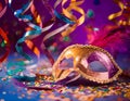 Multicolored carnival still life with mask, serpentine and confetti Royalty Free Stock Photo