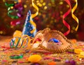Multicolored carnival still life with mask, serpentine and confetti Royalty Free Stock Photo