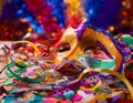Multicolored carnival still life with mask, serpentine and confetti Royalty Free Stock Photo
