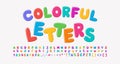 Multicolored cartoon alphabet, bubble shape font rainbow bright colors. Uppercase and lowercase letters, numbers