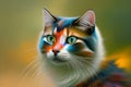 Multicolored Cat with Striking Features Surrounded by Golden Aura, Generative AI