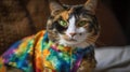 A multicolored cat wearing a colorful shirt. AI generative image.