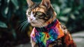 A multicolored cat wearing a tie dye shirt. AI generative image.