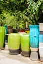 Multicolored ceramic bowls, Colorful pots and cups or vases hand