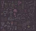 Multicolored chalk drawings on a blackboard food, dishes, desserts isolated on white background set