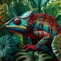 Multicolored chameleon on the background of the rainforest. Generative AI.
