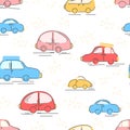 Multicolored childish cars seamless pattern. Hand drawn vector illustration. Print for fabric and paper for kids.