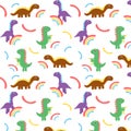 Multicolored childish pattern with dinosaurs and rainbow