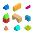 Multicolored childrens 3D cubes, vector flat illustration