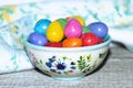 Multicolored chocolate Easter eggs in a ceramic bowl on the table Royalty Free Stock Photo