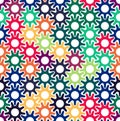 Seamless multicolor geometric pattern with interlaced gears in the shape of an abstract sun. Vector image. Royalty Free Stock Photo