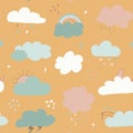 multicolored clouds stars sequins seamless pattern. Cute clouds seamless pattern, cartoon background with star dots