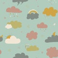 multicolored clouds stars sequins seamless pattern. Cute clouds seamless pattern, cartoon background with star dots