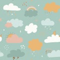 multicolored clouds stars sequins seamless pattern. Cute clouds seamless pattern, cartoon background with star dots