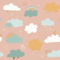 multicolored clouds stars sequins seamless pattern. Cute clouds seamless pattern, cartoon background with star dots