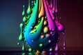 Multicolored colorful big drop of paint flowing down, art