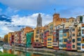 Multicolored buildings of Girona Old Town on the embankment of Onyar river Royalty Free Stock Photo