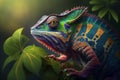 Multicolored colorful chameleon in nature, rare lizard sitting on branch in jungle. Illustration created by generative ai