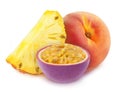 Multicolored composition with assortment of fruits - pineapple, peach and passion fruit, isolated on a white background