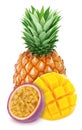 Multicolored composition with assortment of sweet tropical fruits - pineapple, passion fruit and mango, isolated on a white