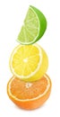 Multicolored composition with slices of citrus fruits - orange, lemon and lime isolated on a white background. Royalty Free Stock Photo