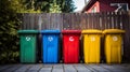 Multicolored containers for separate waste collection on a clean street and environmental safety