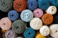 Multicolored cotton balls of yarn and ropes for macrame close up Royalty Free Stock Photo